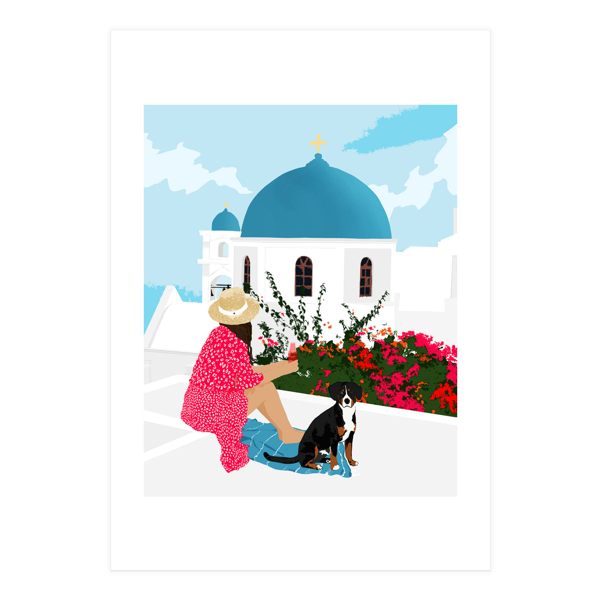 Greek Staycation, Pets Santorini Tropical Summer Travel, Dog White Buildings Architecture Fashion Bohemian (Print Only)