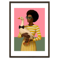 Stylish Woman Holding Goose In Striped Dress