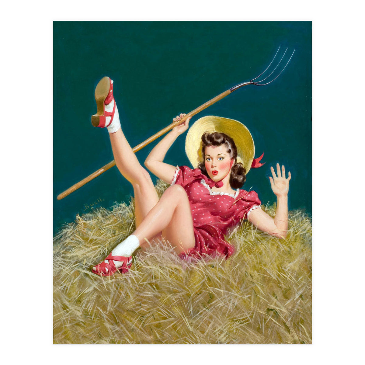 Pinup Sexy Girl Posing On A Hay With A Pitchfork (Print Only)