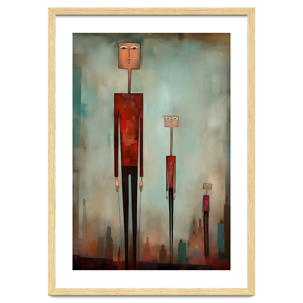 CITY HEIGHTS, three human-like forms of differing heights loom over the city below.