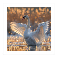 Swan Spreading Wings In Water Sunlight (Print Only)