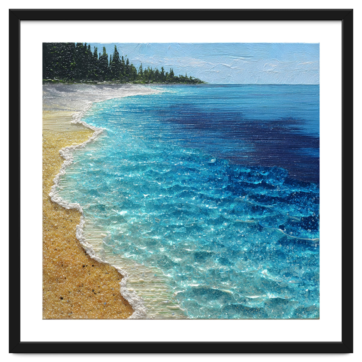 Sun-Drenched Coastal Shoreline with Textured Impasto Waves