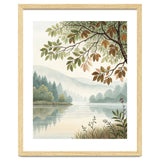 Tranquil Lakeside Forest Watercolor Painting with Overhanging Autumn Branches and Misty Mountain Reflection thumbnail