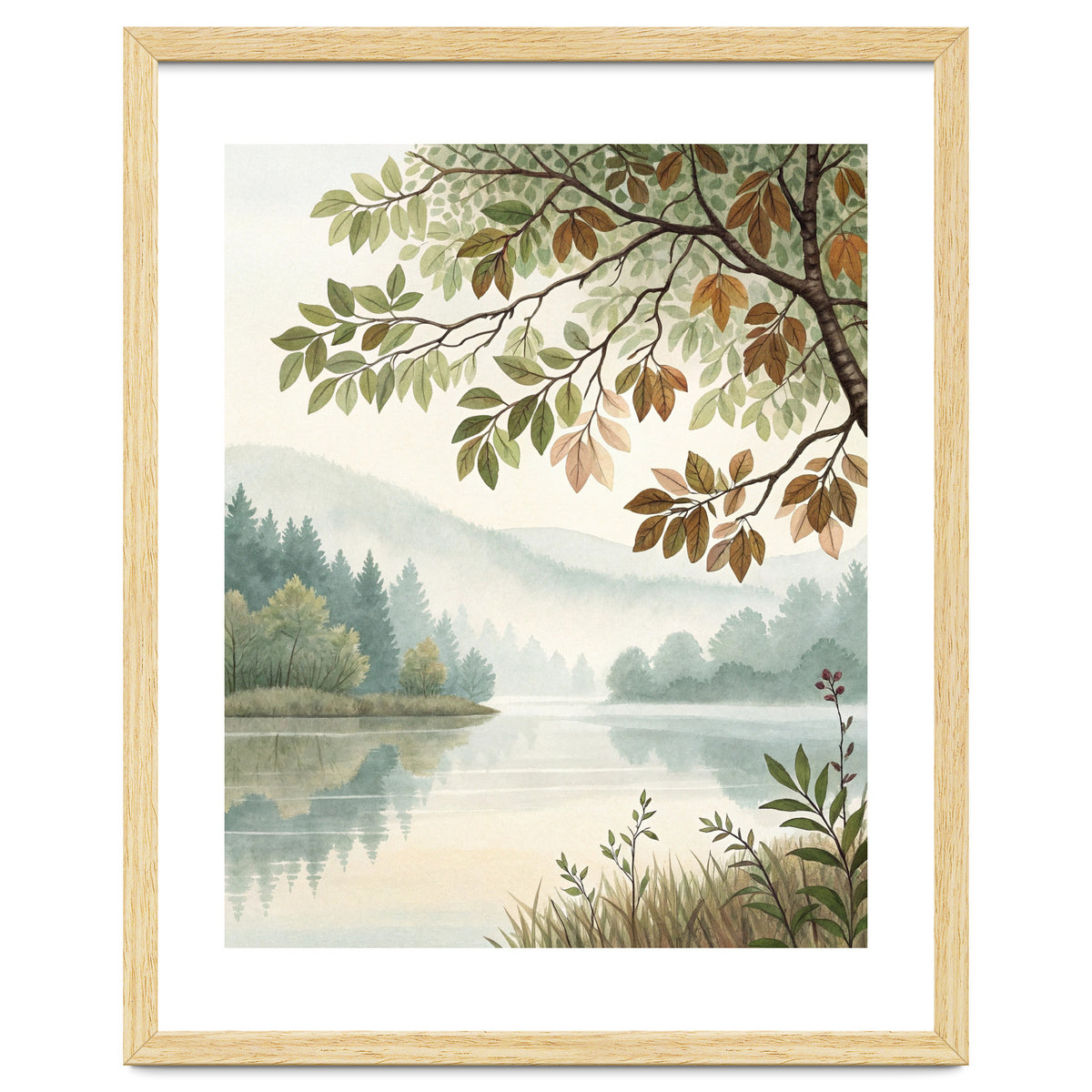 Tranquil Lakeside Forest Watercolor Painting with Overhanging Autumn Branches and Misty Mountain Reflection