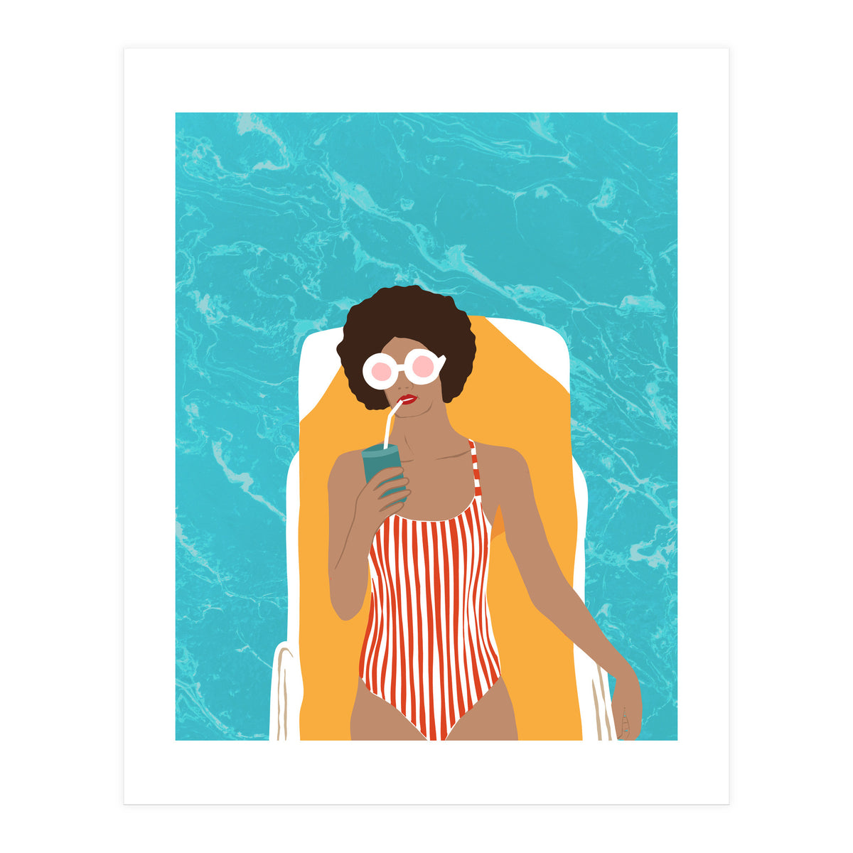 Chilling In The Moment, Eclectic Bohemian Black Woman Of Color, Swimming Pool Afro Fashion Vacation Enjoy Summer (Print Only)