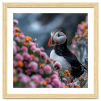 Puffin Bird Among Colorful Wildflowers In Bloom