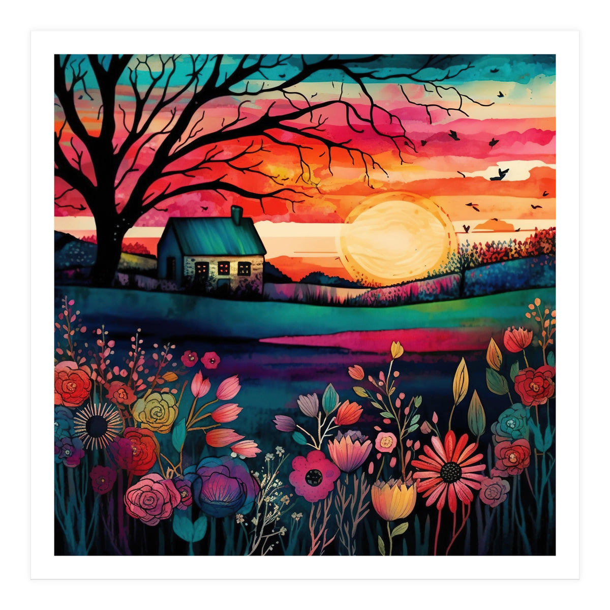 Watercolor Folk Art Sunset Landscape (Print Only)