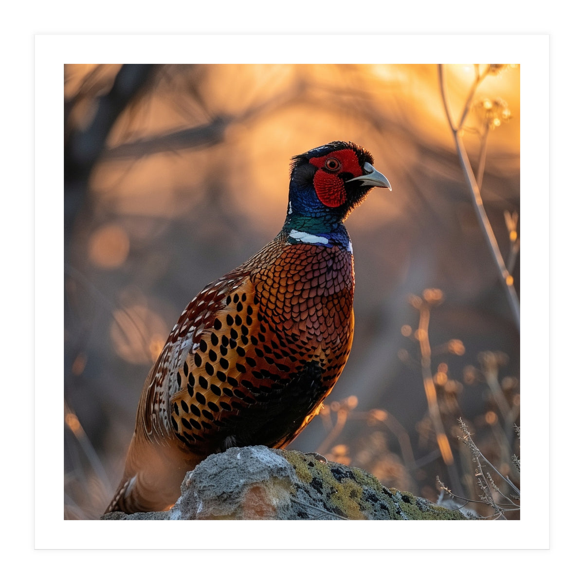Pheasant Bird Standing On Rock Sunrise Light (Print Only)