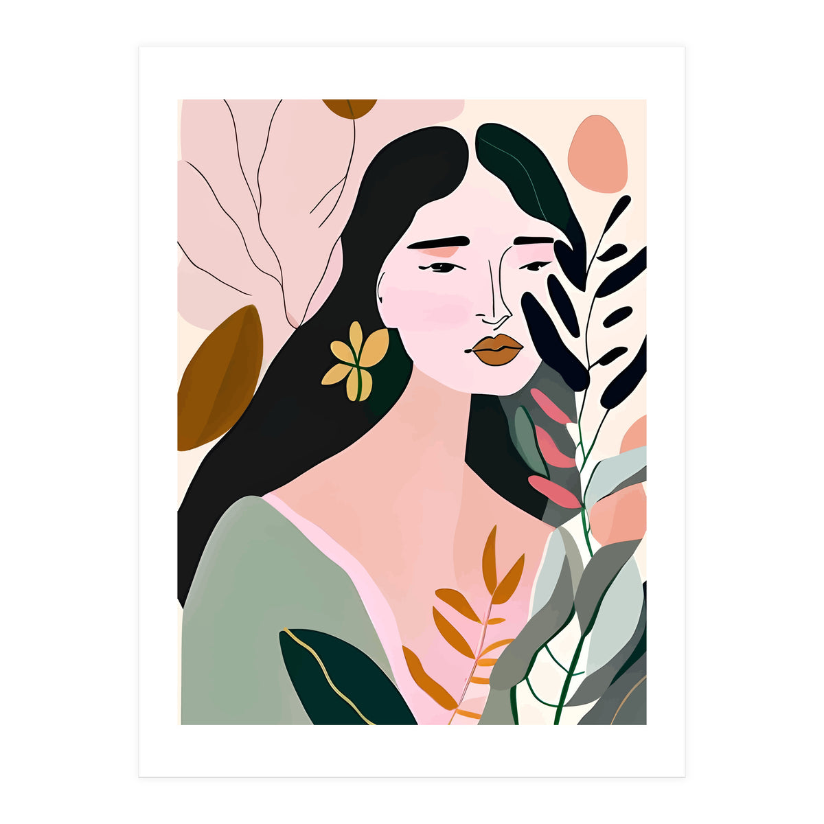 Reinvent, Beautiful Woman Girl Pastel Line Art, Minimal Botanical Nature Portrait, Modern Bohemian Drawing Nomadic Summer Self Love (Print Only)