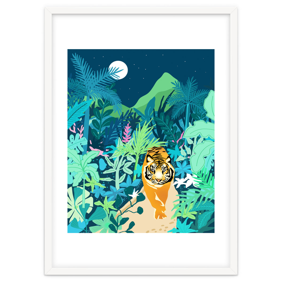 Tiger Walk, Bohemian Jungle Maximalist Nature, Botanical Forest Plants Moon Wild Animals