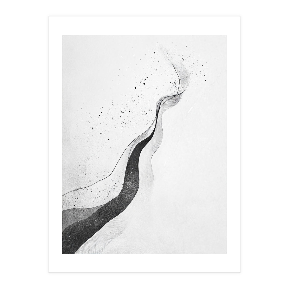 Abstract Black And White Ink Flowing Lines With Splatter (Print Only)
