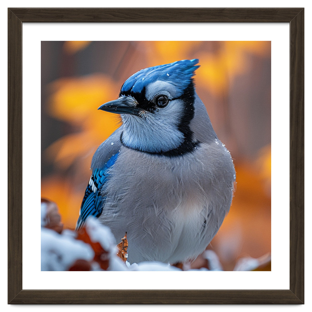 Blue Jay Bird In Winter Snowfall And Leaves