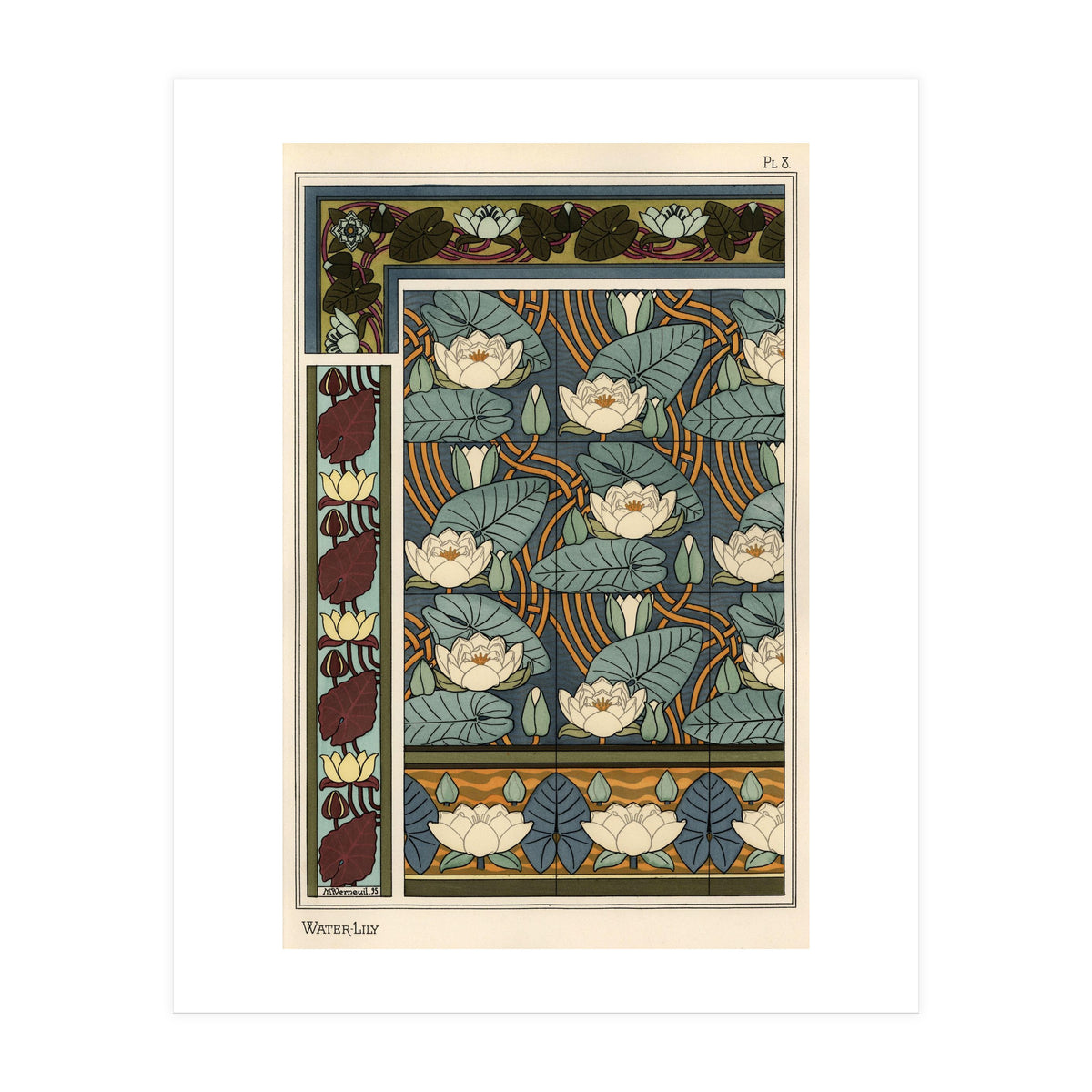 The water lily, Nelumbo lutea, in wallpaper and tile patterns. Lithograph by Verneuil. (Print Only)