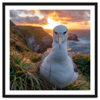 Albatross Bird On Grassy Cliff At Sunset