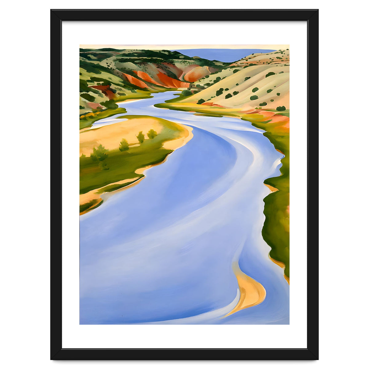 Georgia O’Keeffe – Chama River, Ghost Ranch (1937) | Serene Southwestern Landscape in Bold Modernist Forms