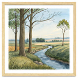 Pastoral Countryside Watercolor Painting with Winding Stream Meadows and Deciduous Trees Landscape thumbnail
