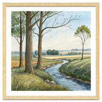 Pastoral Countryside Watercolor Painting with Winding Stream Meadows and Deciduous Trees Landscape