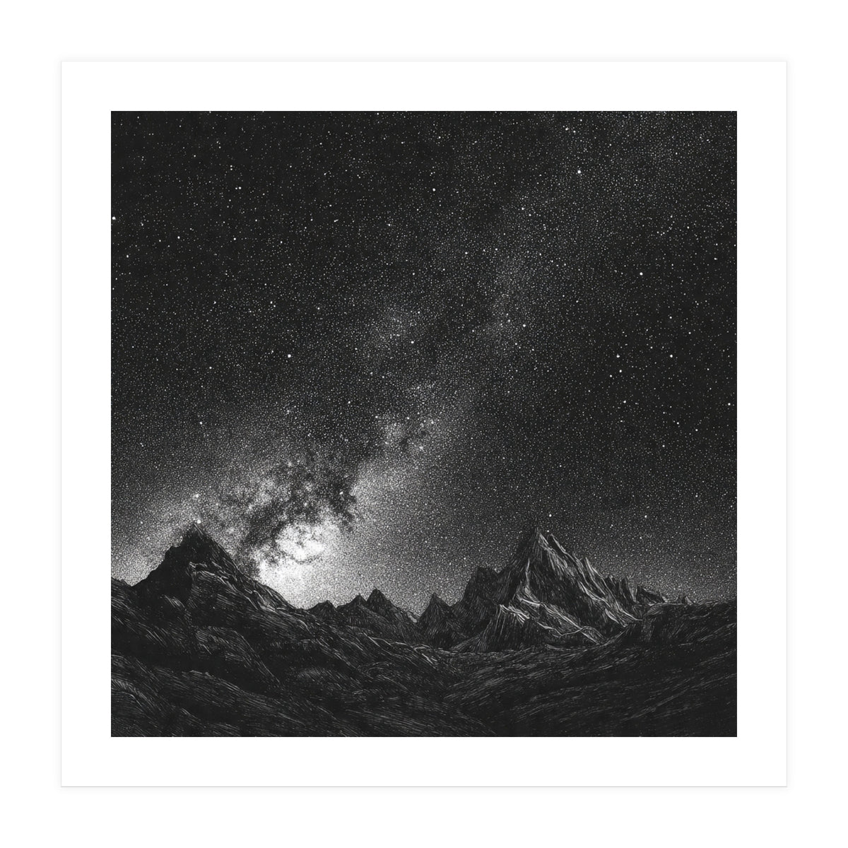 Starlit Mountain Majesty: Detailed Monochrome Milky Way (Print Only)