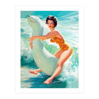 Happy Pinup Girl On The Beach Hugging Her Rubber Toy (Print Only)