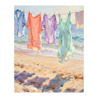 Laundry Drying by the Sea, Colorful Clothes on a Beach Clothesline, Coastal Summer Pastel Painting, Relaxing Ocean Shore Art Print (Print Only)