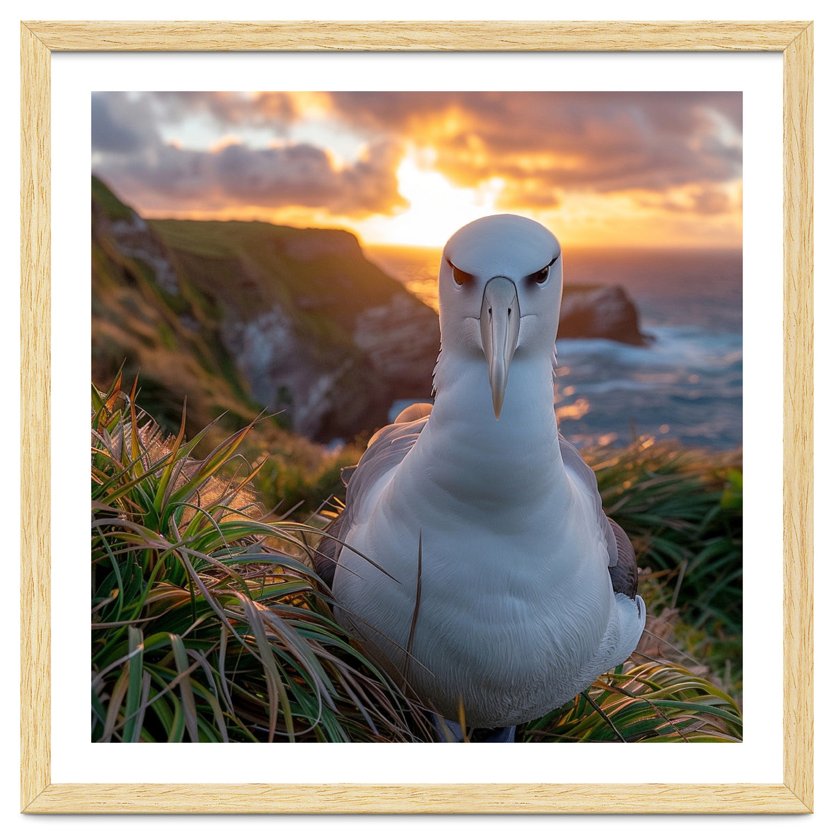 Albatross Bird On Grassy Cliff At Sunset