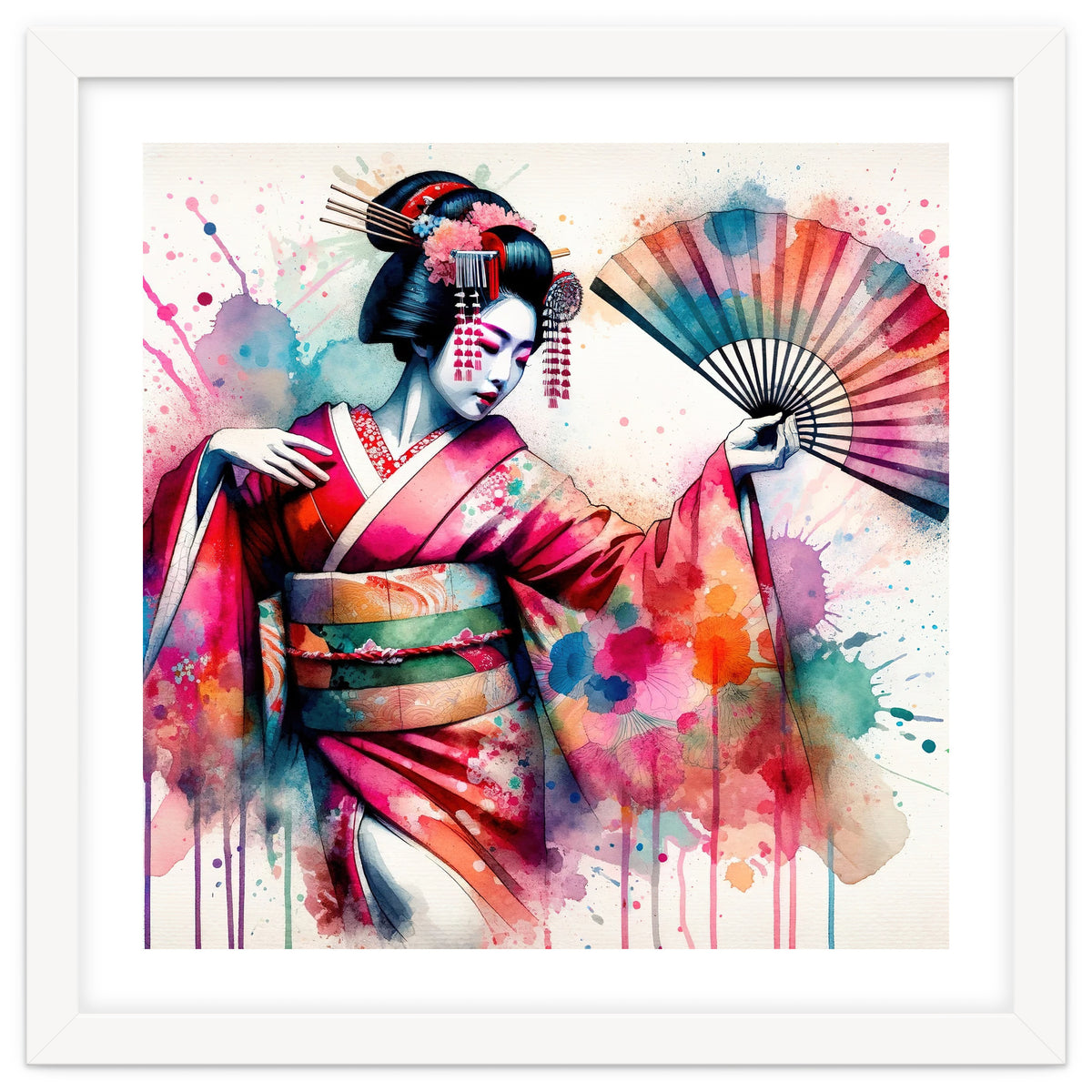 Vibrant Geisha With Rainbow Hand Fan