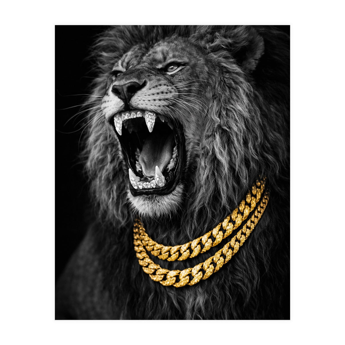 Bejweled hyper-realistic lion photography,diamond fangs portrait (Print Only)