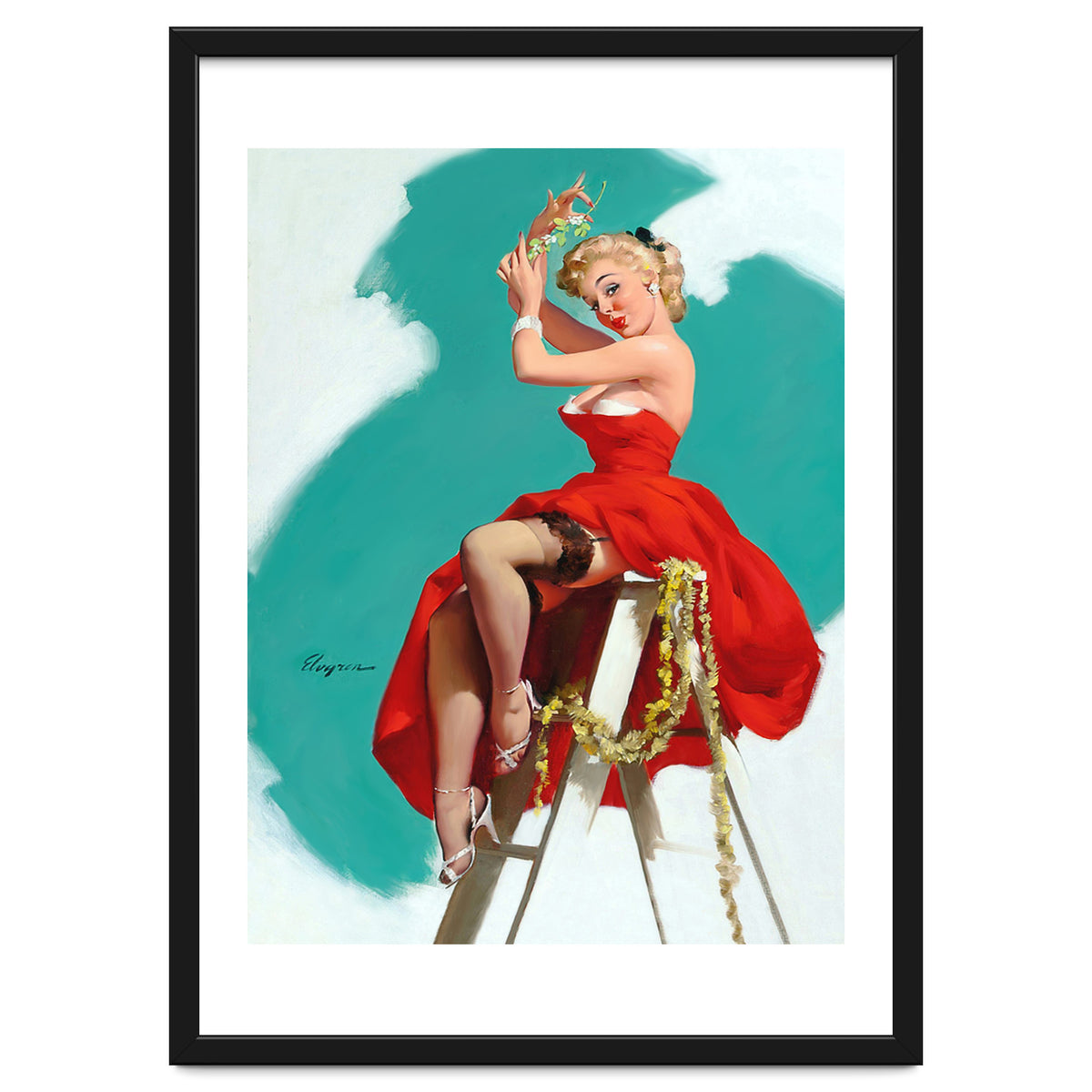 Sexy Pinup Girl In Red Dress Posing On a Ladder