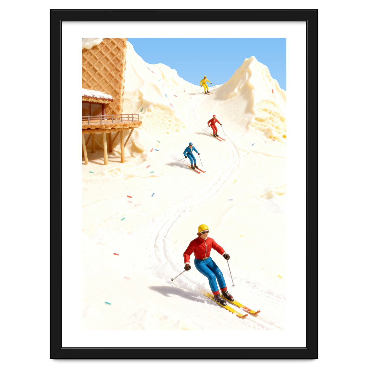 Skiing on Ice Cream Mountains, Miniature Skiers Winter Art Print for Kitchen Decor