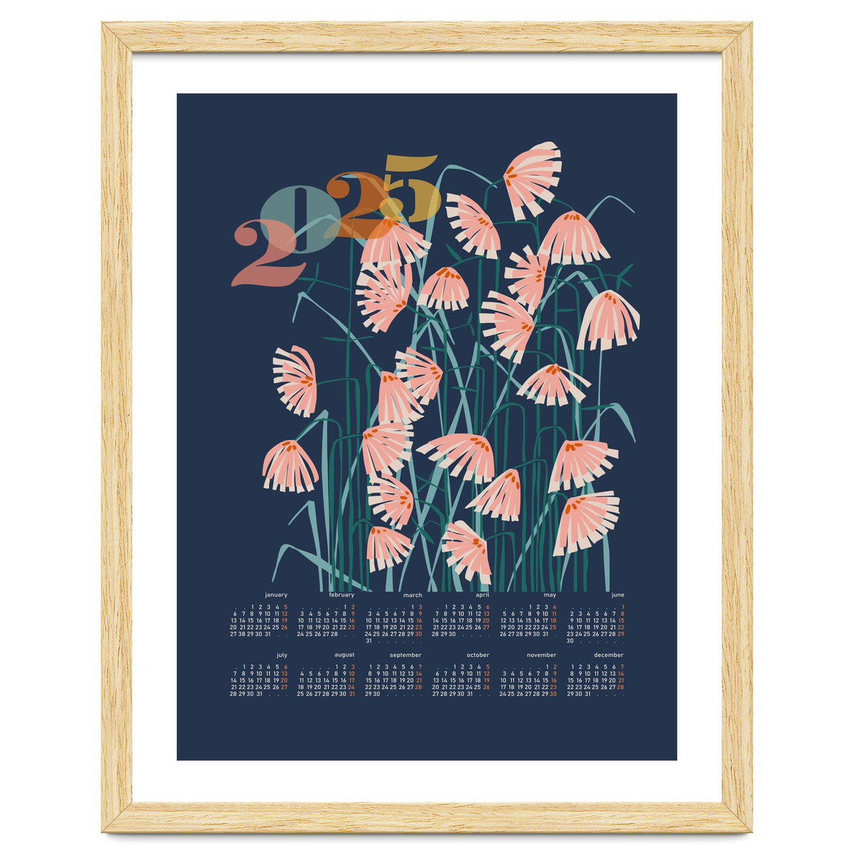 calendar 2025 Linocut flowers blue