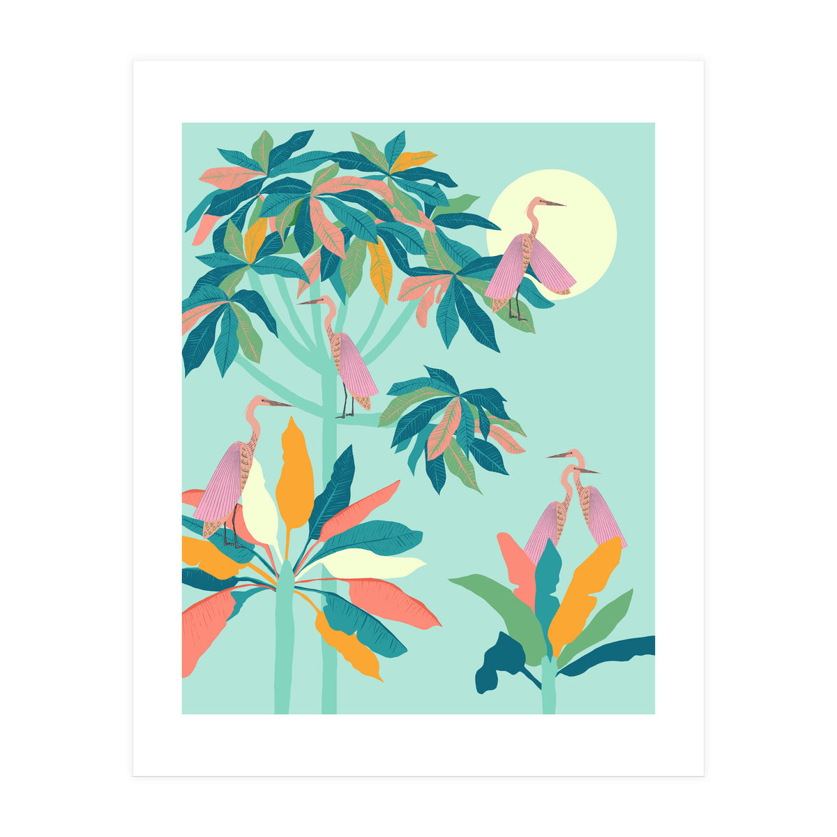 Drawn To The Moon, Stork Heron Flamingo Birds, Tropical Pastel Wildlife Forest Nature, Animals Jungle Bohemian Eclectic Fly (Print Only)
