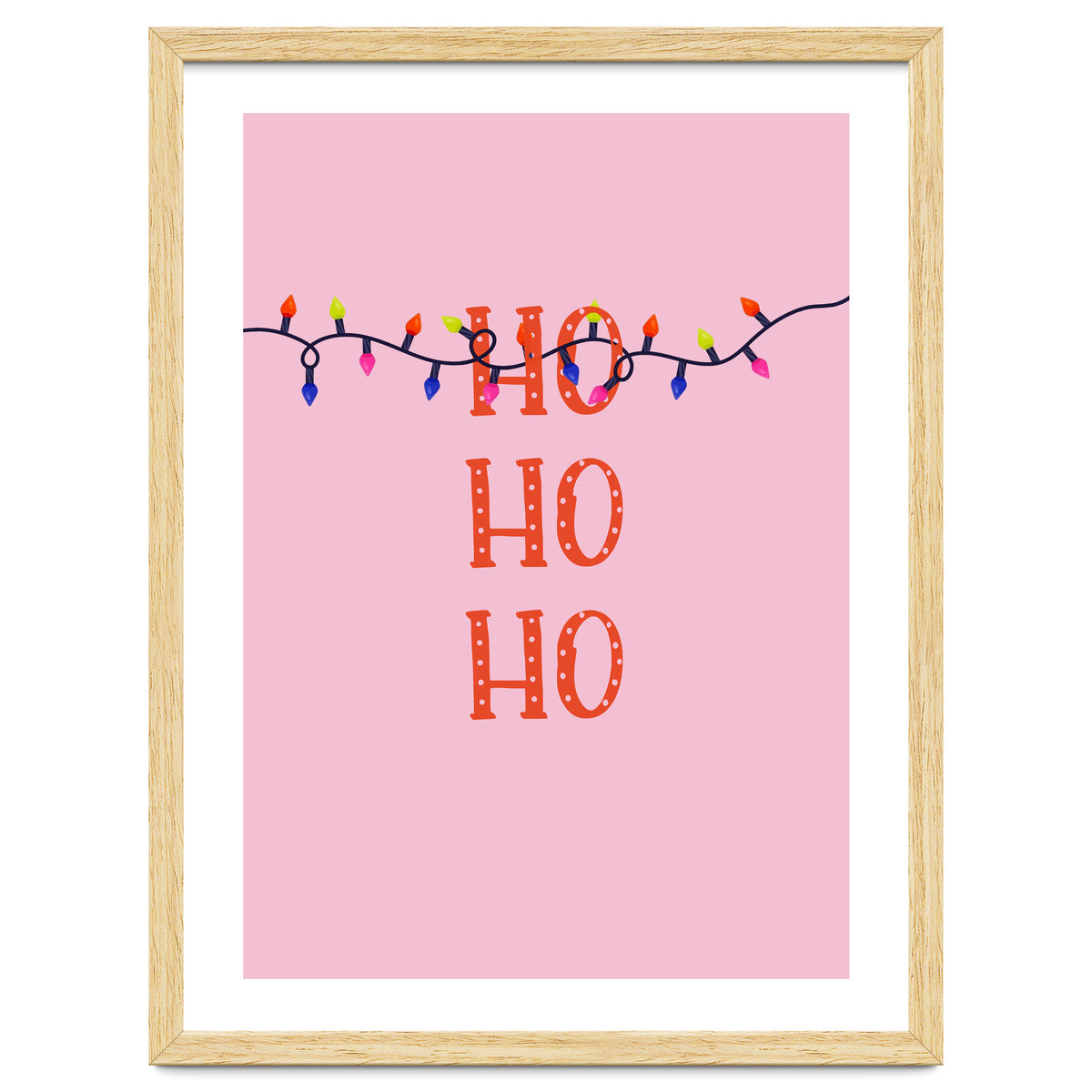 HO HO HO Christmas Lights Art, Pink Holiday Illustration, Modern Festive Quote
