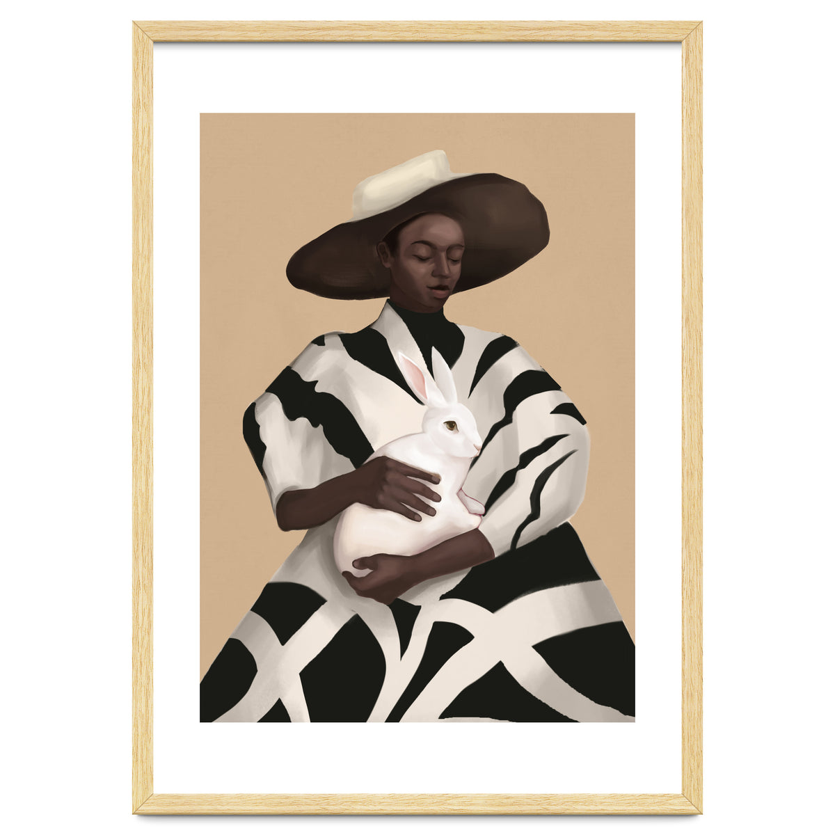 Woman In Stripes Holding A White Rabbit