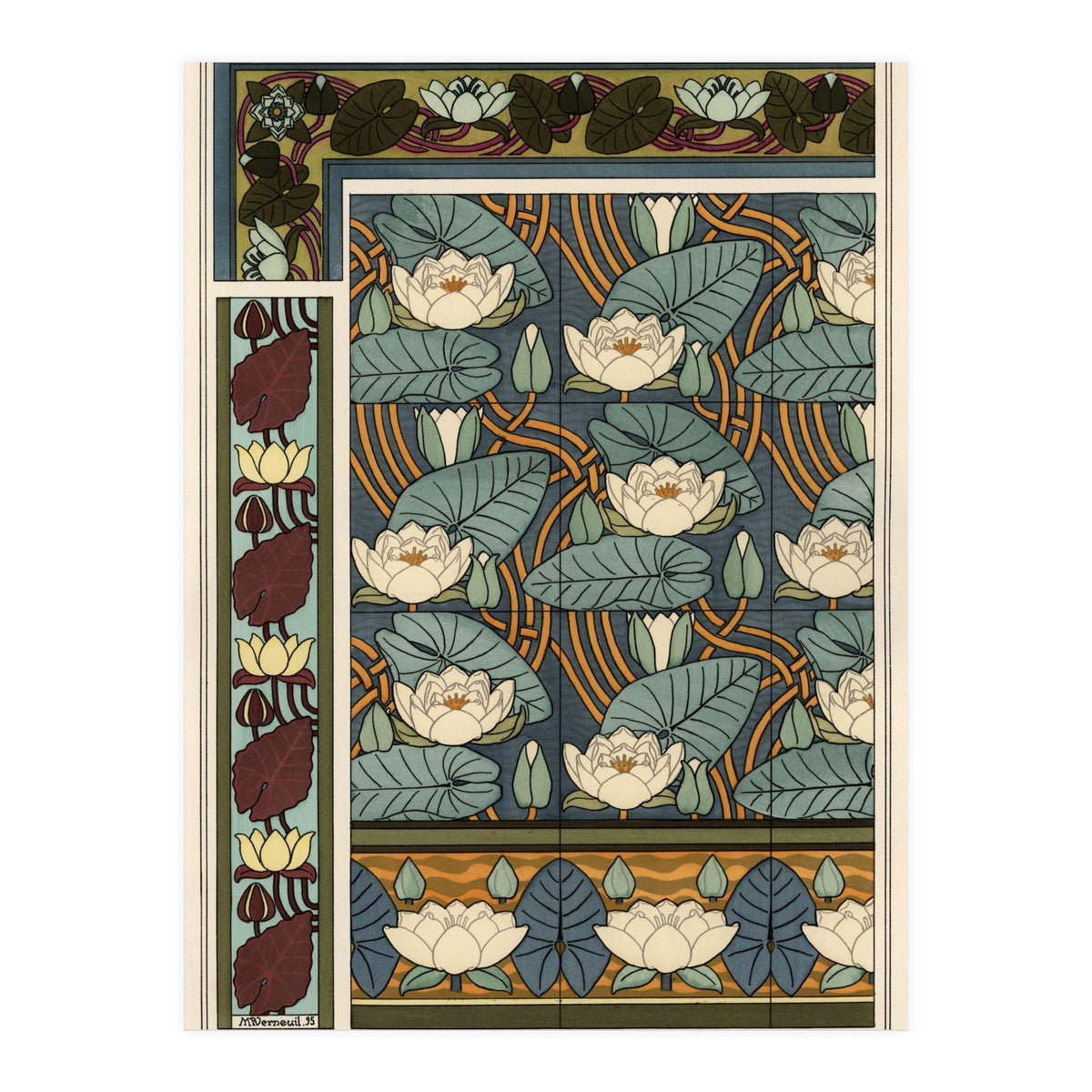 The water lily, Nelumbo lutea, in wallpaper and tile patterns. Lithograph by Verneuil. (Print Only)