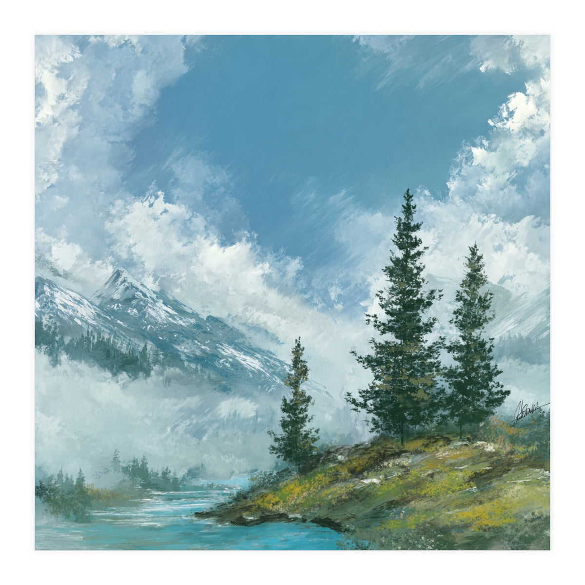 Ethereal Alpine River Valley with Snow-Capped Mountains (Print Only)