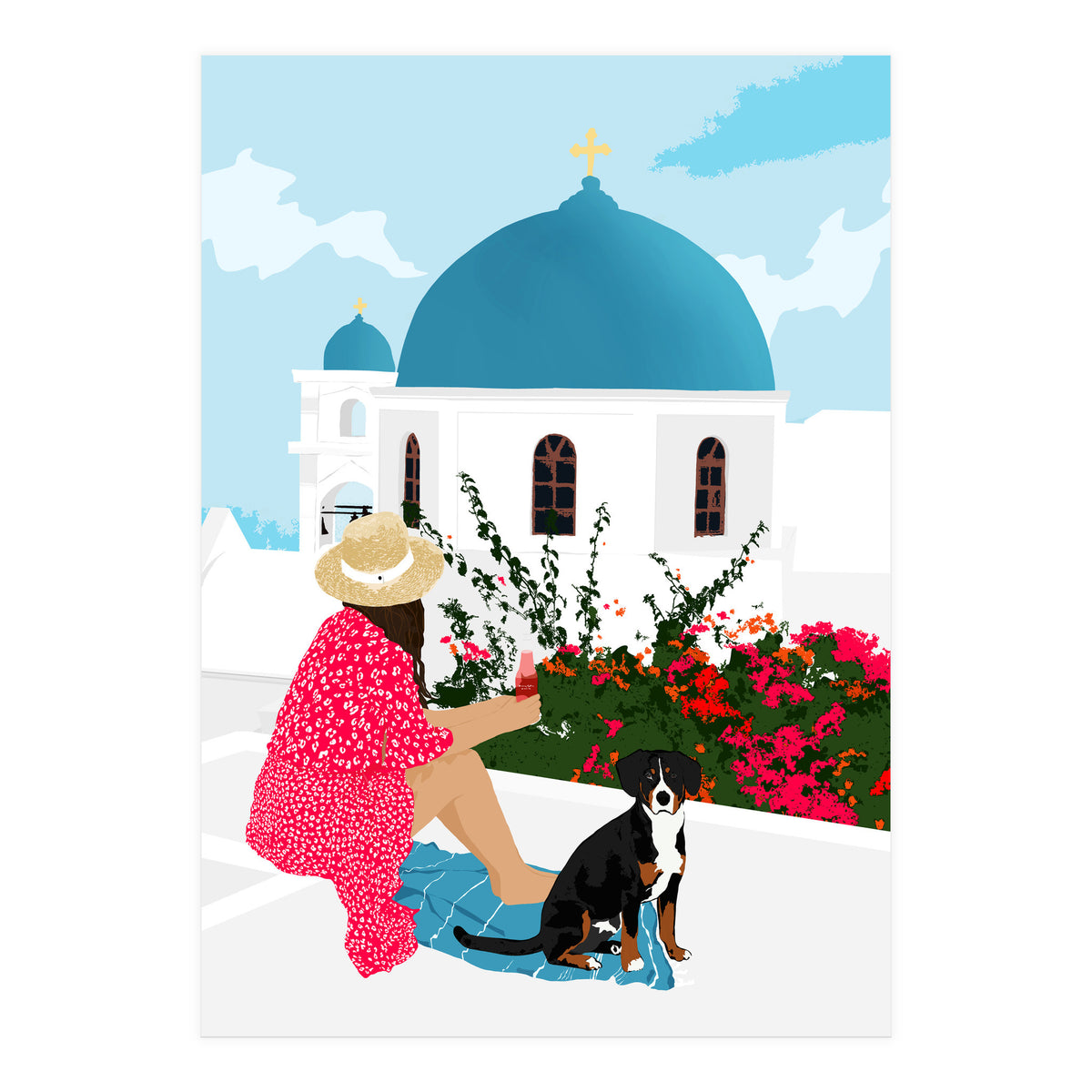 Greek Staycation, Pets Santorini Tropical Summer Travel, Dog White Buildings Architecture Fashion Bohemian (Print Only)