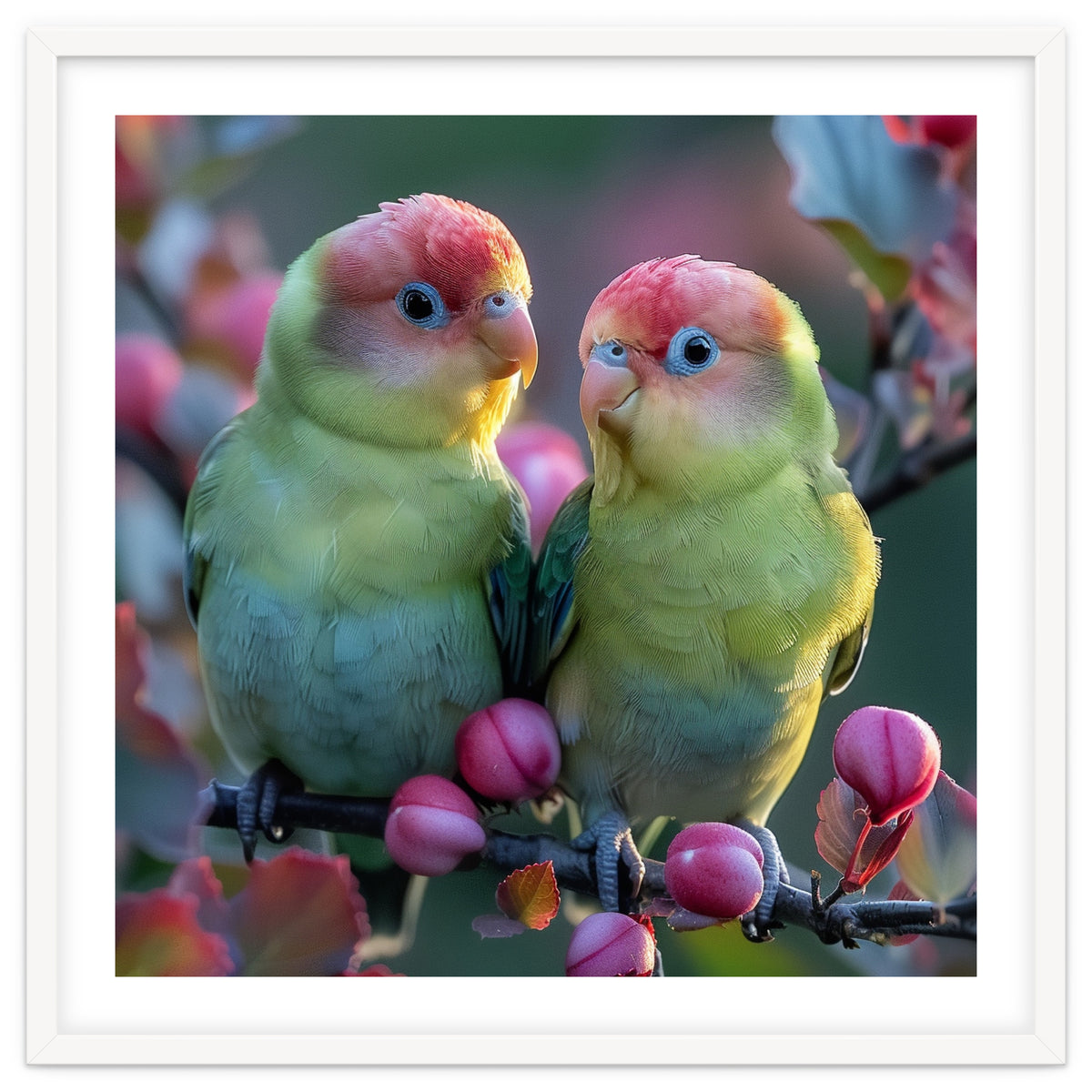 Two Lovebirds On A Branch Surrounded By Berries