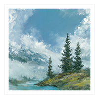 Ethereal Alpine River Valley with Snow-Capped Mountains (Print Only)