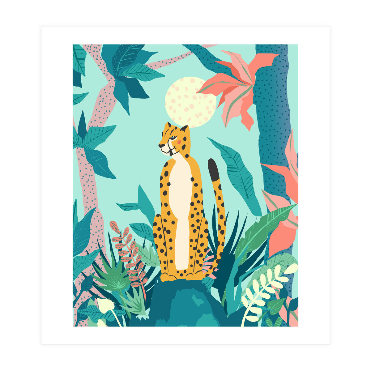 Leopard Forest, Pastel Tropical Jungle Nature Botanical, Moon Eclectic Colorful Wild Animals Boho (Print Only)