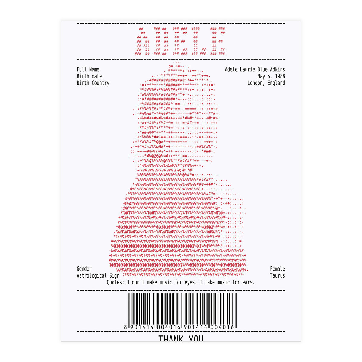 Receipt Art Adele Red (Print Only)