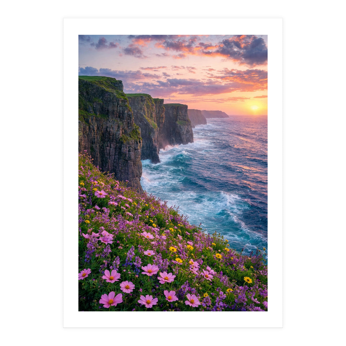 Coastal Sunset Wildflowers: Dramatic Ocean Cliffs and Floral Meadow (Print Only)