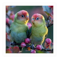 Two Lovebirds On A Branch Surrounded By Berries (Print Only)