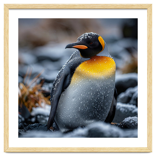 King Penguin In Snow With Water Droplets