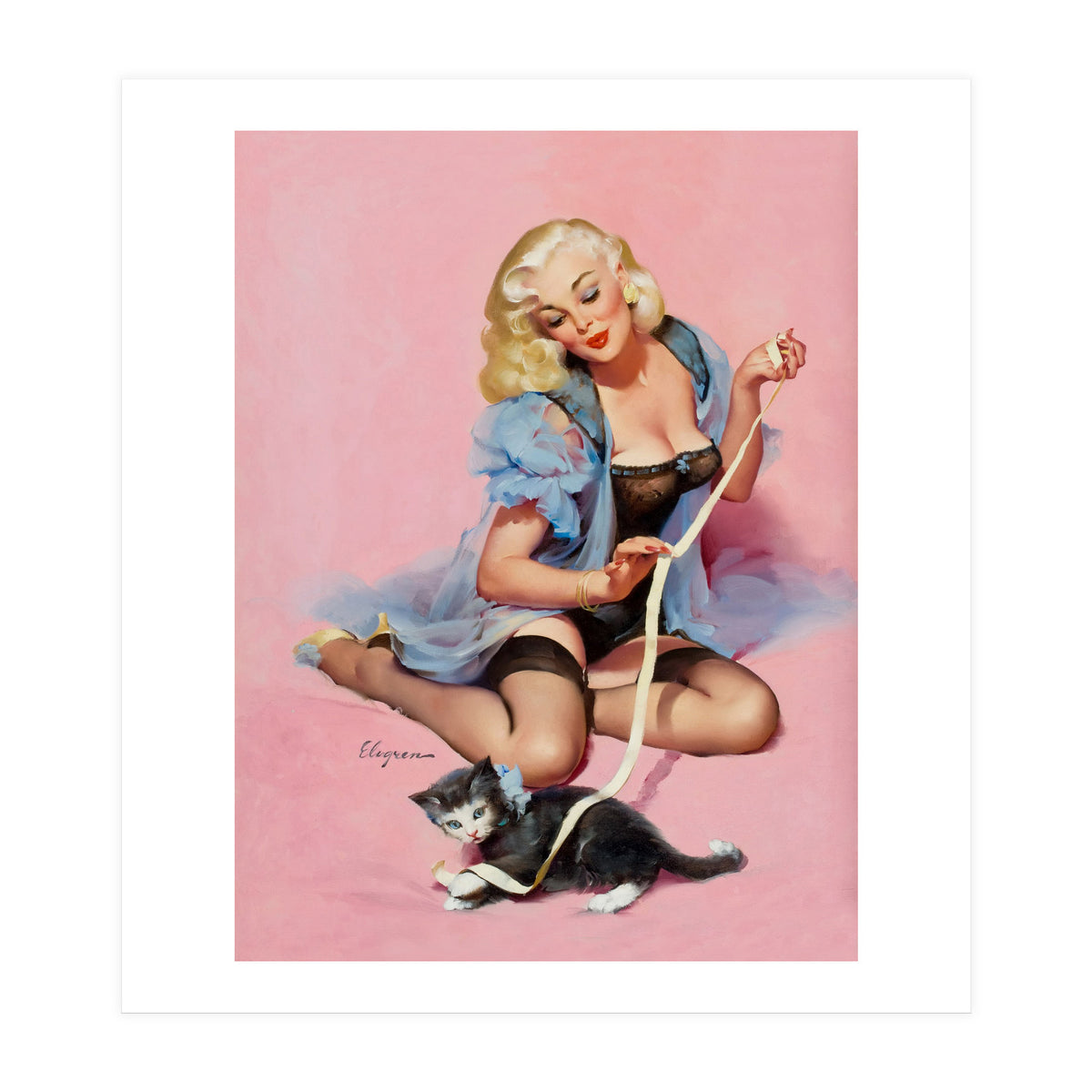 Sexy Pinup Girl Playing With Her Cat (Print Only)