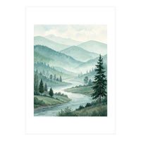 Serene Misty Mountain Valley Watercolor Painting (Print Only)