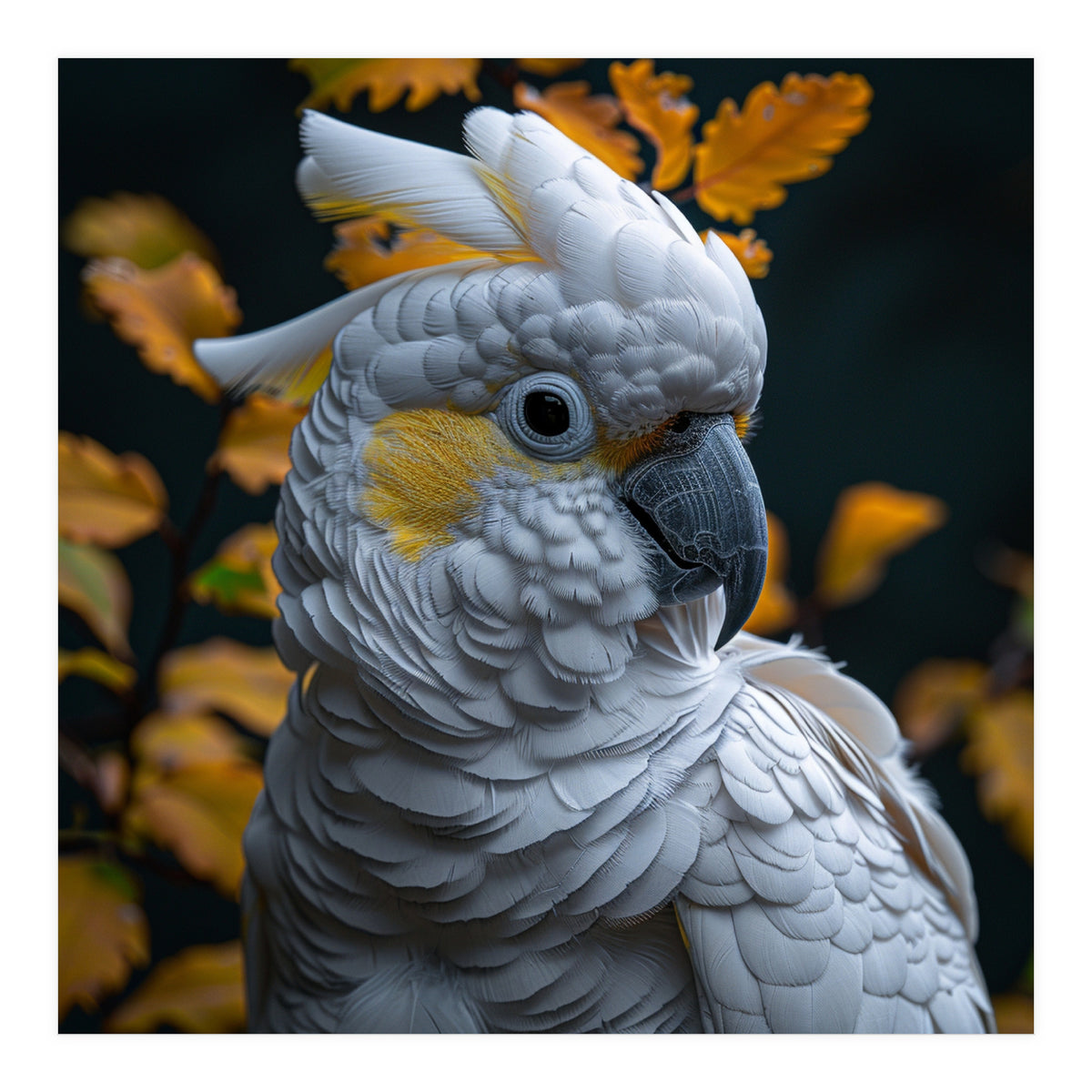 Yellow Crested Cockatoo Portrait Autumn Leaves Dark (Print Only)