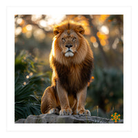 Majestic Lion Sitting On A Rock At Sunset (Print Only)
