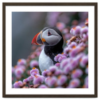 Atlantic Puffin Amidst Pink Heather Flowers
