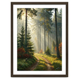 The Golden Path: Ethereal Sunbeams Piercing Through a Misty Evergreen Forest at Dawn thumbnail