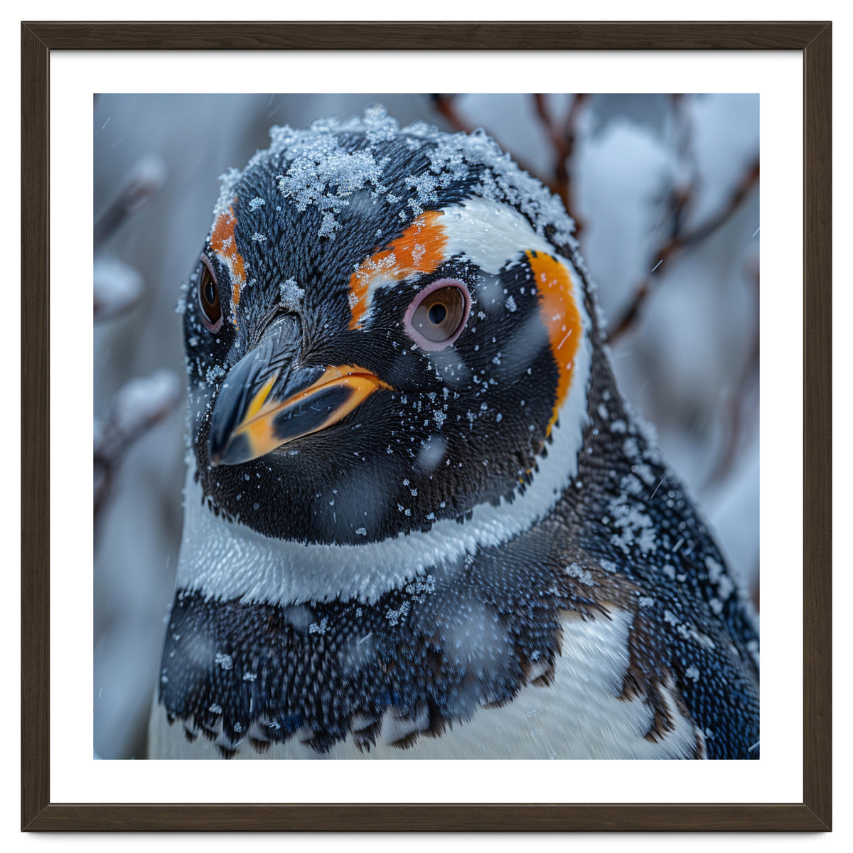 Penguin In Snow Falling Close Up Portrait